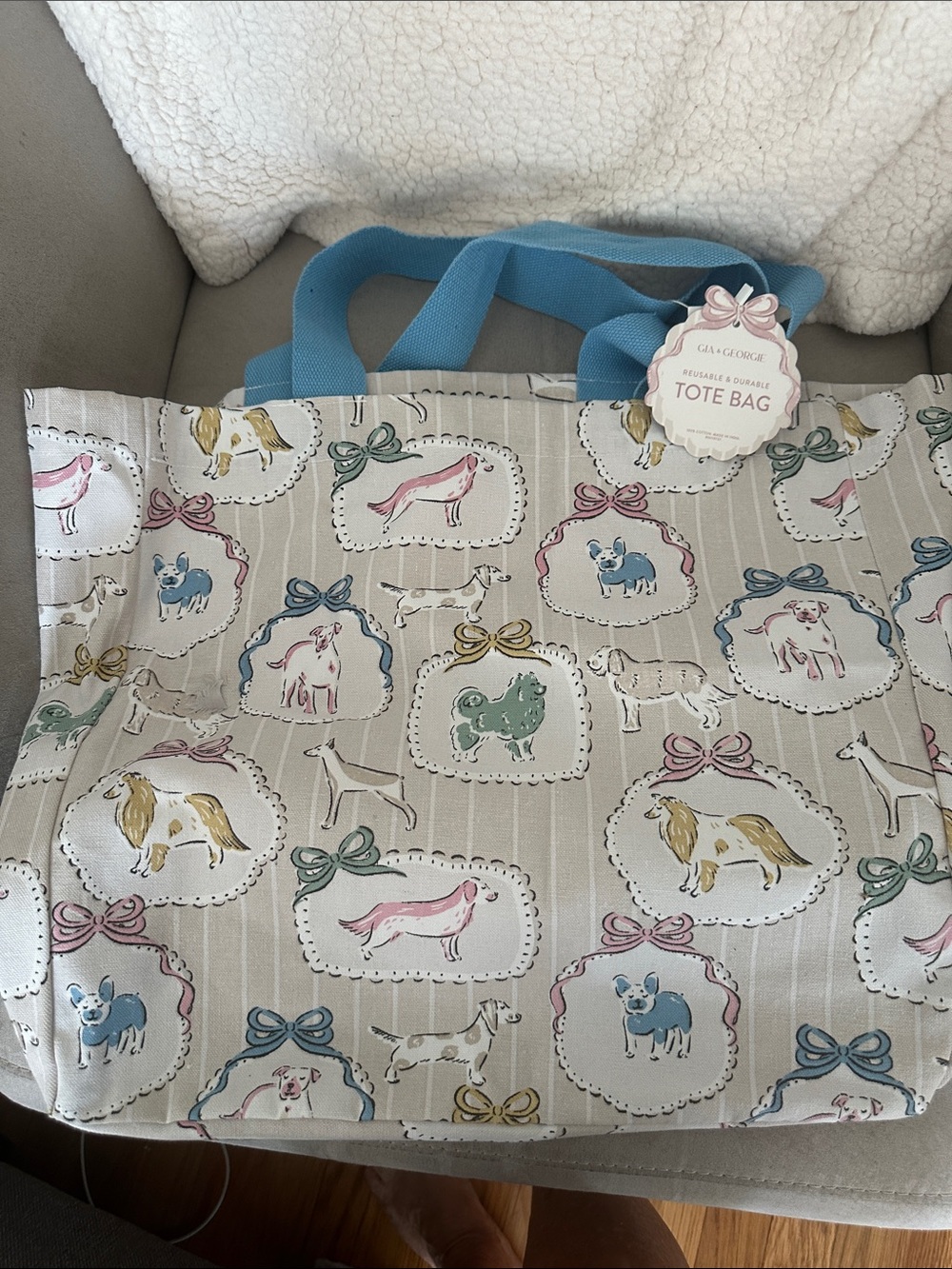Gia&Georgie reusable Beige dog  Print Tote Bag with Blue Handles BNWT